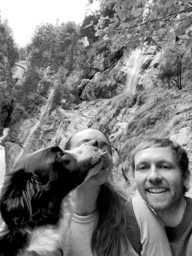 Skutull loves hiking. A kiss for Mom...