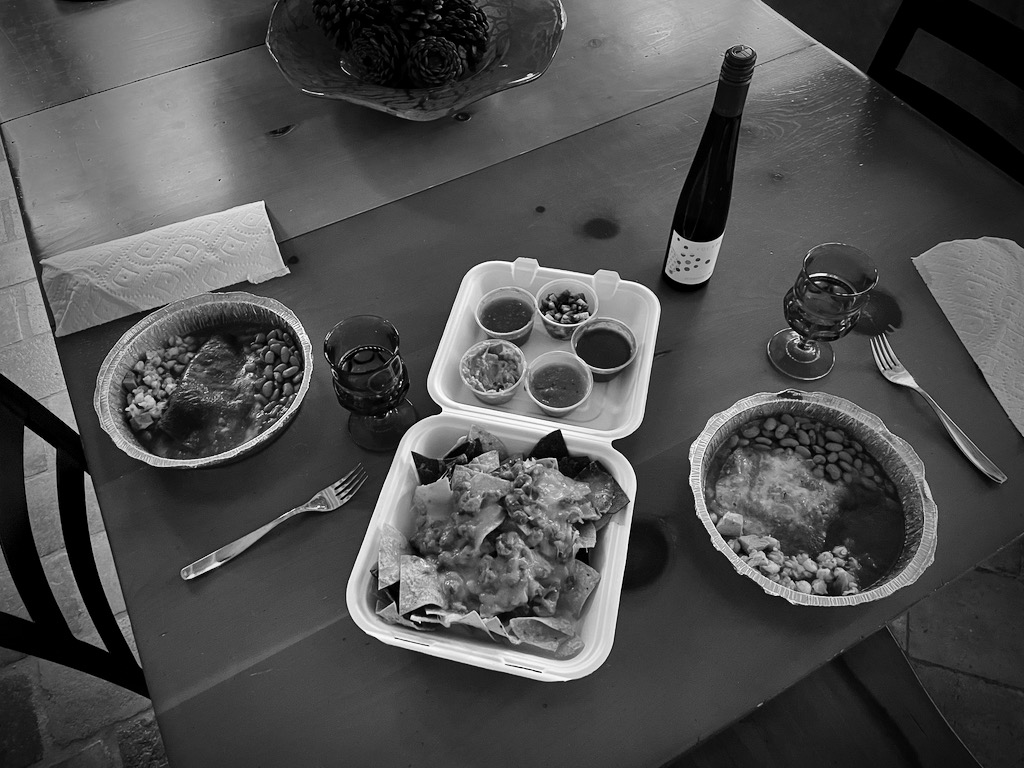 We got takeout dinner from La Choza our first night in Santa Fe. The enchilada sauce was the best I've ever had, the pinto beans were unusually large and plump, and the pezole side was something new and delicious. The takeout containers don't do the meal any favors in terms of presentation, but this was probably the best Mexican food I've ever had.