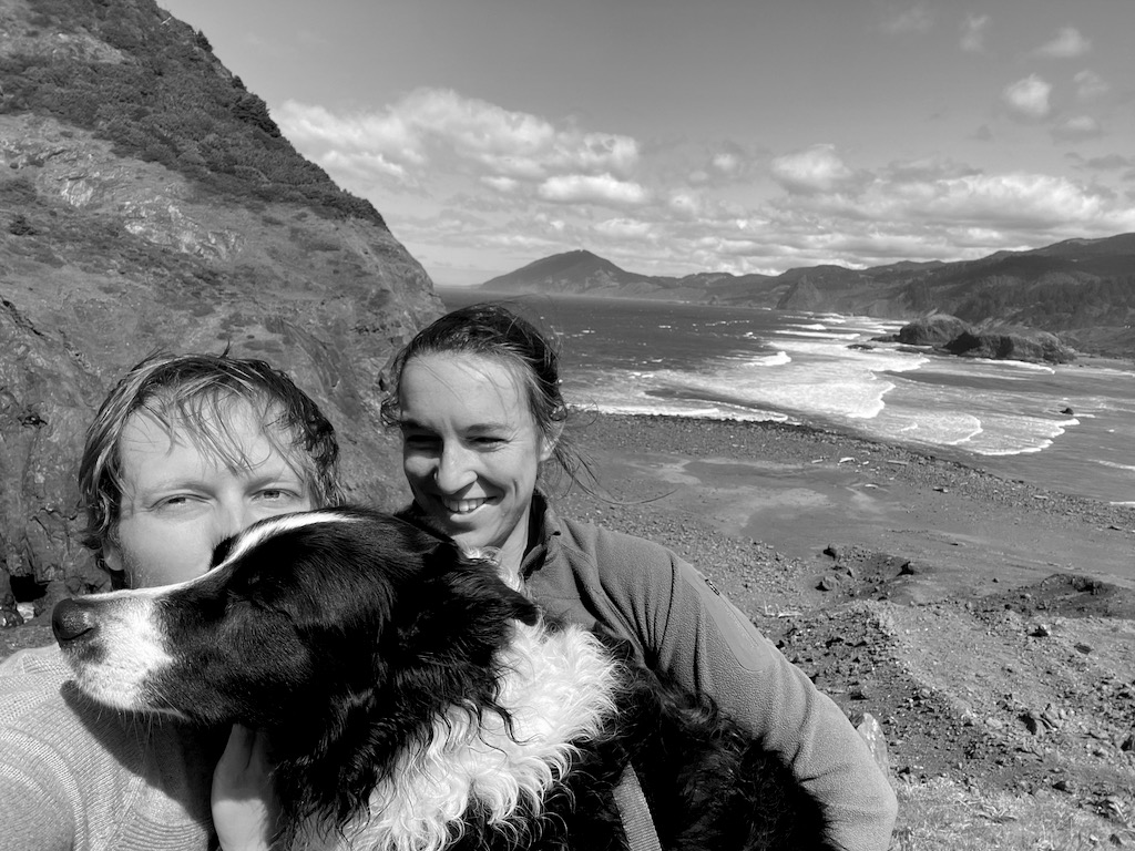Here we are on a family hike. It was super windy and Skutull was refusing to look at the camera, so I had to prop his head up. You can also see how bad I needed a haircut!