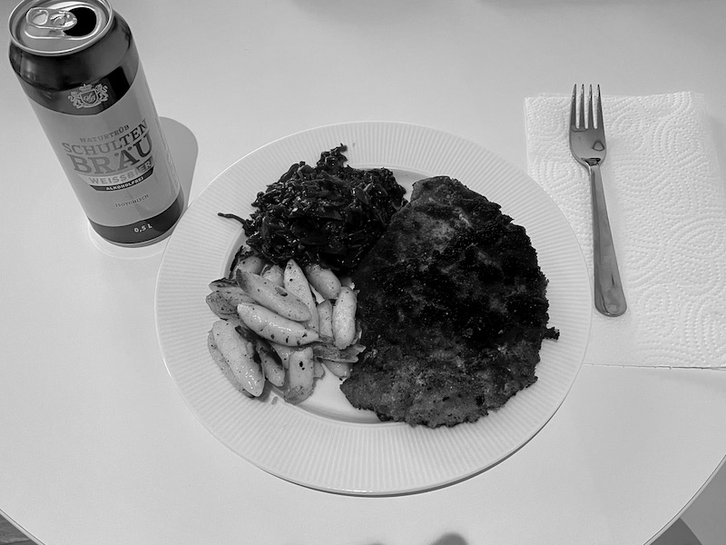 My attempt at schnitzel. All ingredients (including the beer) were purchased at Aldi.